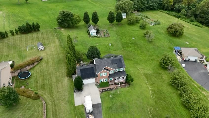 Residential solar installation viewed during an aerial project flight